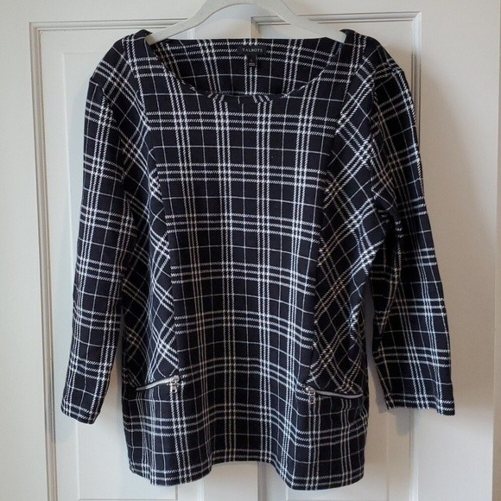 TALBOTS KNIT PLAID BLACK WHITE TOP ZIPPERS SIZE LARGE